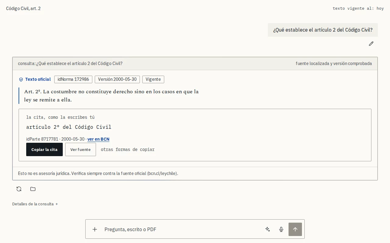 Chat de Vigencia con la respuesta a «Artículo 2 del Código Civil»: texto oficial, idNorma 172986, versión 2000-05-30 y estado vigente.